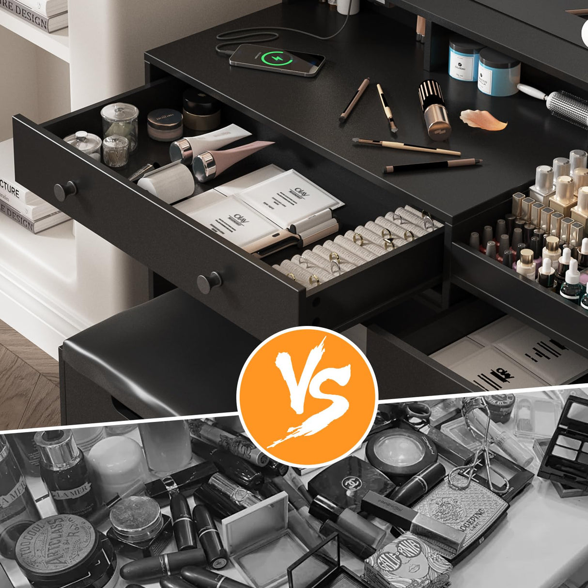 Vabches Makeup Vanity with Mirror and 10 Lights, Big Vanity with 3 Storage Compartments & Power Outlets, Vintage Vanity Set with Large Drawer and Cabinet, 39.8inch, Black Vabches