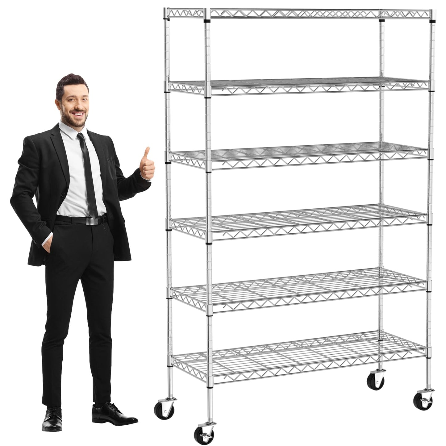 YYkokocat 6-Tier Adjustable Storage Shelves Heavy Duty Wire Shelving Unit with Wheels 2100Lb Metal Layer Rack Shelf NSF Shelving for Closet Kitchen Garage, 82" H x 48" L x 18" D - Chrome