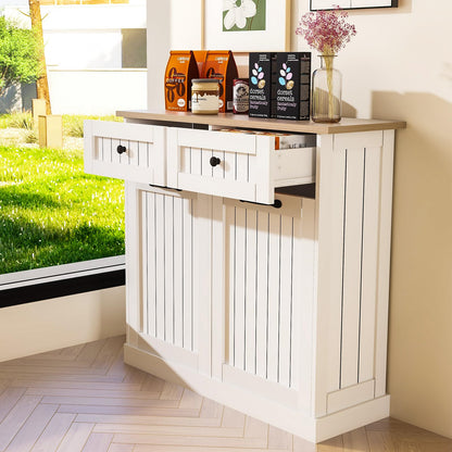 Prapark Elegant Farmhouse Double Tilt Out Trash Can Cabinet with Storage Drawer - Hidden Wooden Design for Kitchen & Living Room, Fits 2x10 Gallon Bins (White) - WoodArtSupply