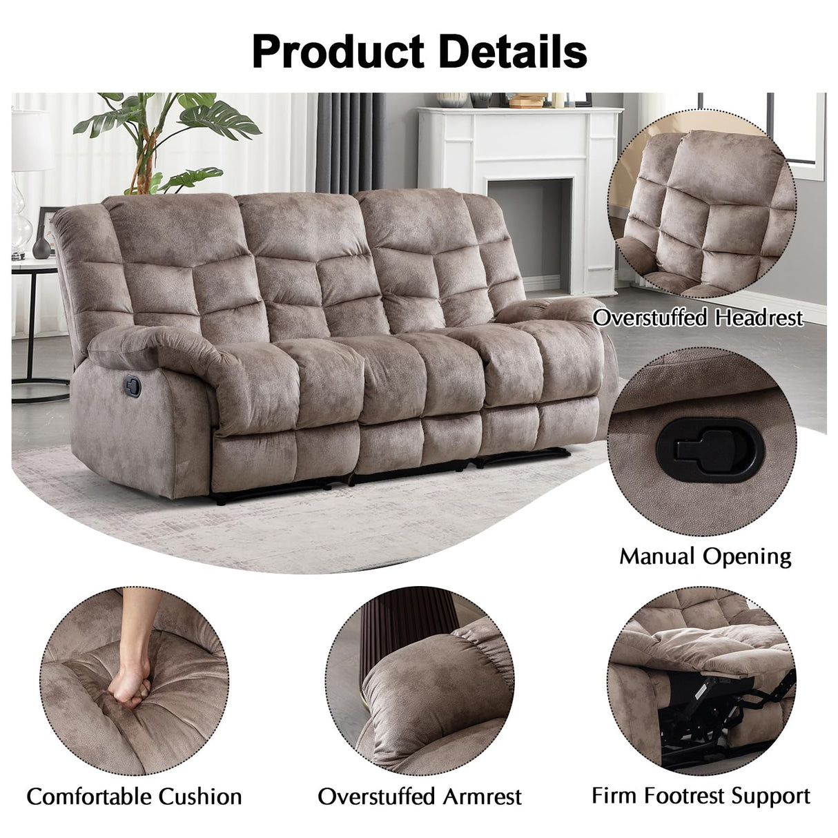 CANMOV Manual Reclining Sofa, 3 Seat Recliner Sofa with Armrest and Overstuffed Backrest, Couch Set for Living Room, Bedroom, Office, Light Brown CANMOV