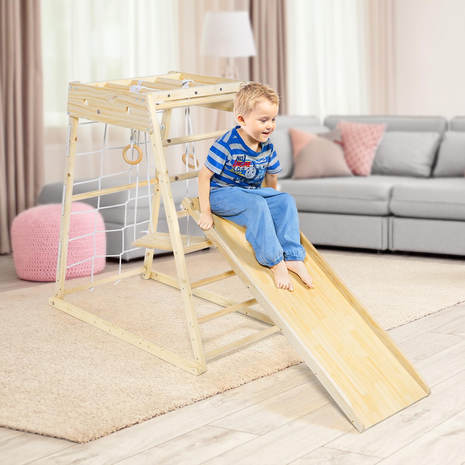 Climber,Indoor Playground Wood Toddler Playset Montessori 7-in-1 with Jungle Gym, Ramp, Slide, Swing, Swedish Ladder, Monkey Bars, Rope Ladder, Rock Wall Dome for Kids Ages 1-6 New - WoodArtSupply