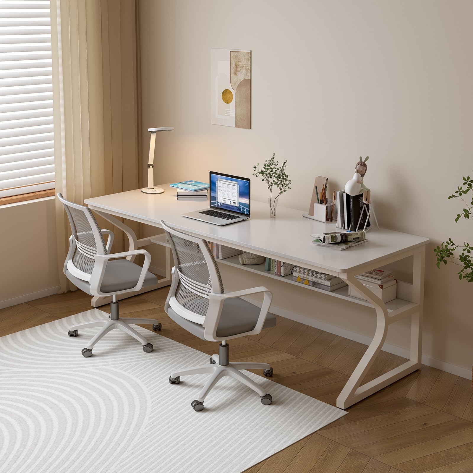 Extra Long OSCHF Desk with Bookshelf - 71" Modern Workstation for Home and Office in Warm White - WoodArtSupply