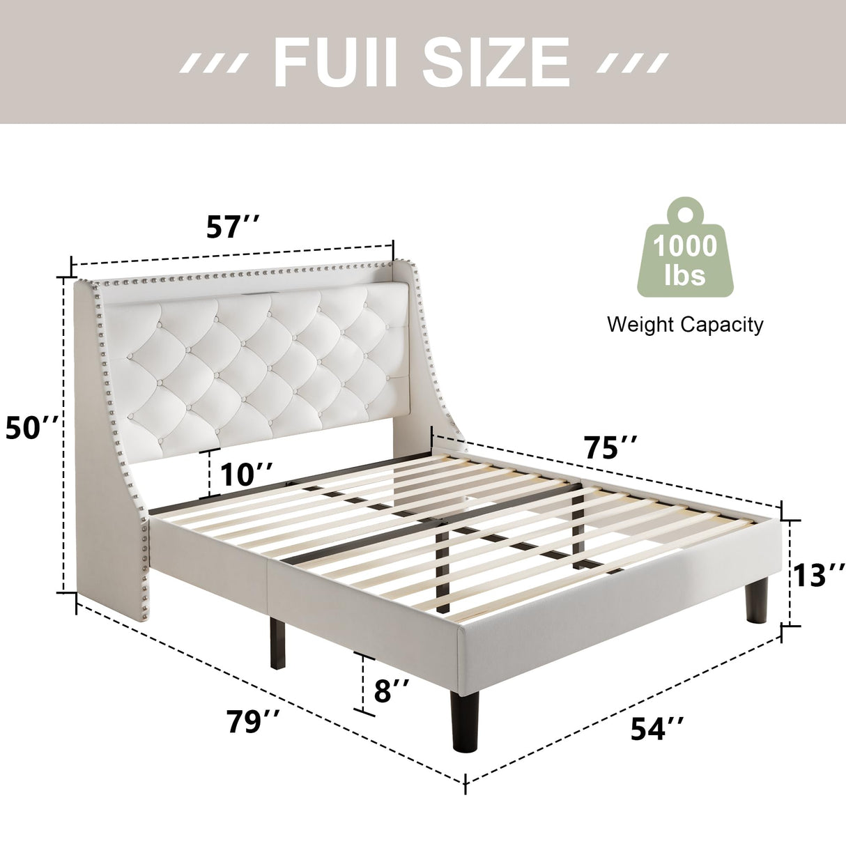 Feonase Full Size Bed Frame with Velvet Luxury Wingback Upholstered Button Tufted Storage Headboard, Full Platform Bed with Charging Station, Sturdy Wooden Slats Support, Easy Assembly, White Feonase