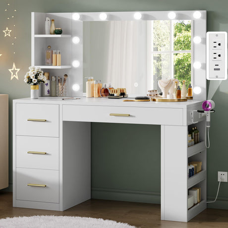 DWVO Makeup Vanity Desk with Mirror & Lights, 40inch Vanity Table with Power Outlets, 4 Drawers & 6 Open Storage Shelves, 3 Color Modes & Adjustable Brightness Dressing Table for Bedroom, White DWVO