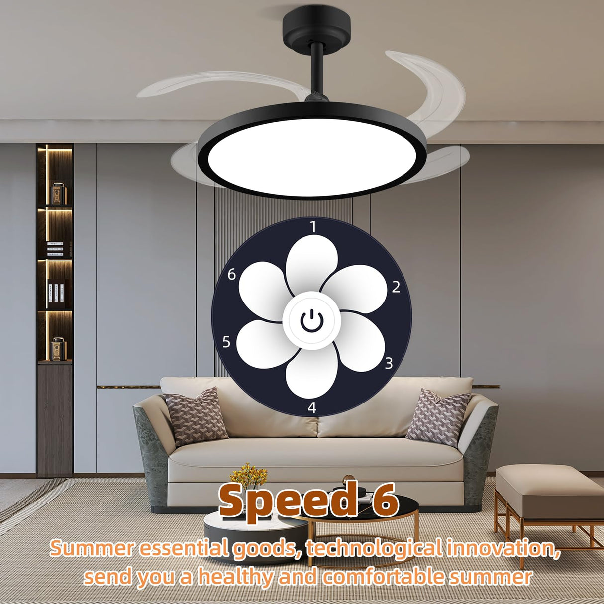 BAYSQUIRREL Slim Retractable Ceiling Fan with Lights and Remote/APP Control,6 Speed Dimmable Reversible Memory Ceiling Fan,42 inch Modern Silent Smart Ceiling Fans for Bedroom Living Room Dinning Room BAYSQUIRREL