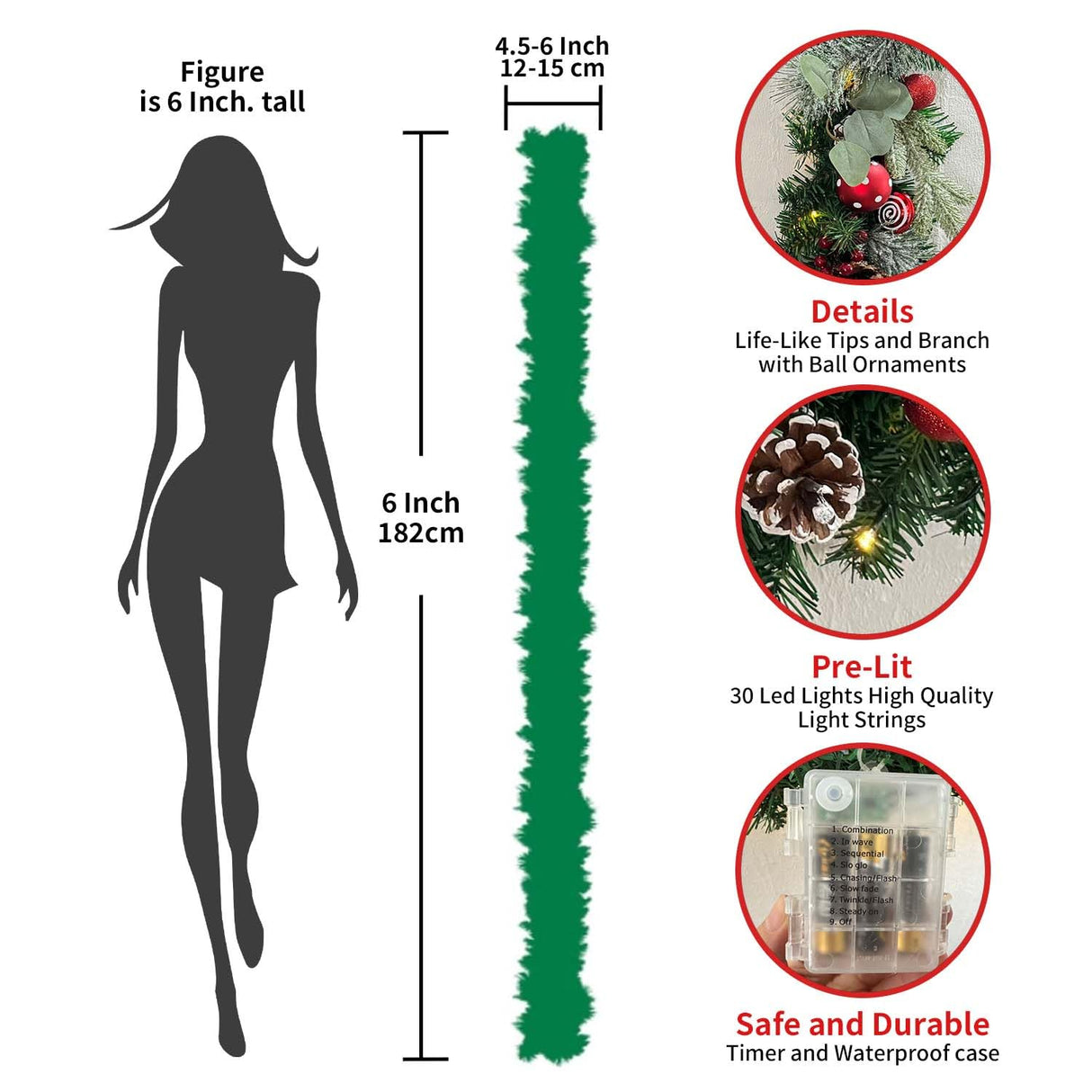 WANNA-CUL Pre-Lit 6 Feet/ 72 Inch Christmas Garland with Lights for Front Door Red White Christmas Mantel Garland Decoration with Ball Ornaments,Candy Canes,Eucalyptus Leaves, Battery Operated 30 LED WANNA-CUL