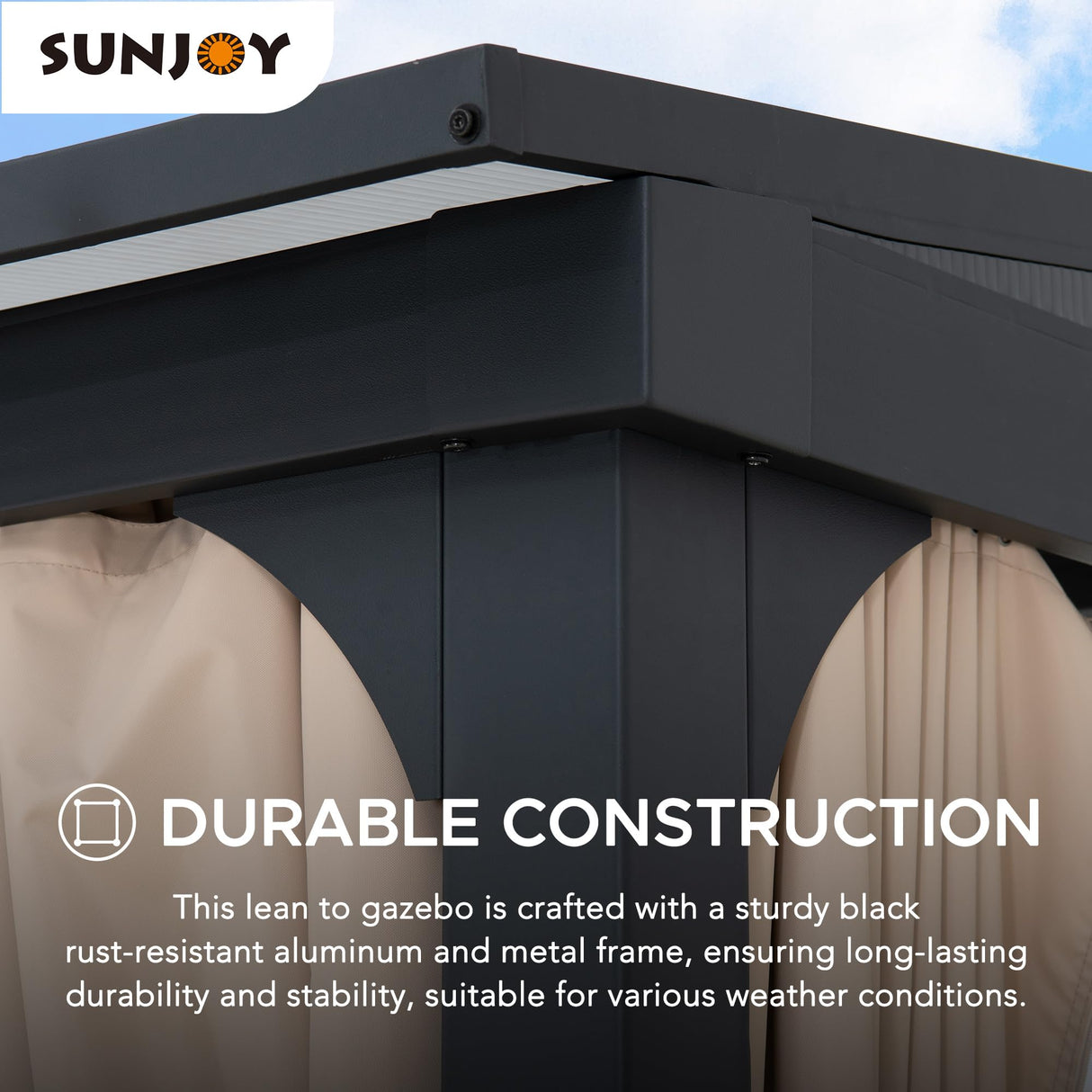 Sunjoy 10 x 12 ft Wall Mounted Gazebo with Polycarbonate Roof, Black Aluminum & Metal Frame Lean to Gazebo with Curtains and Netting… Sunjoy