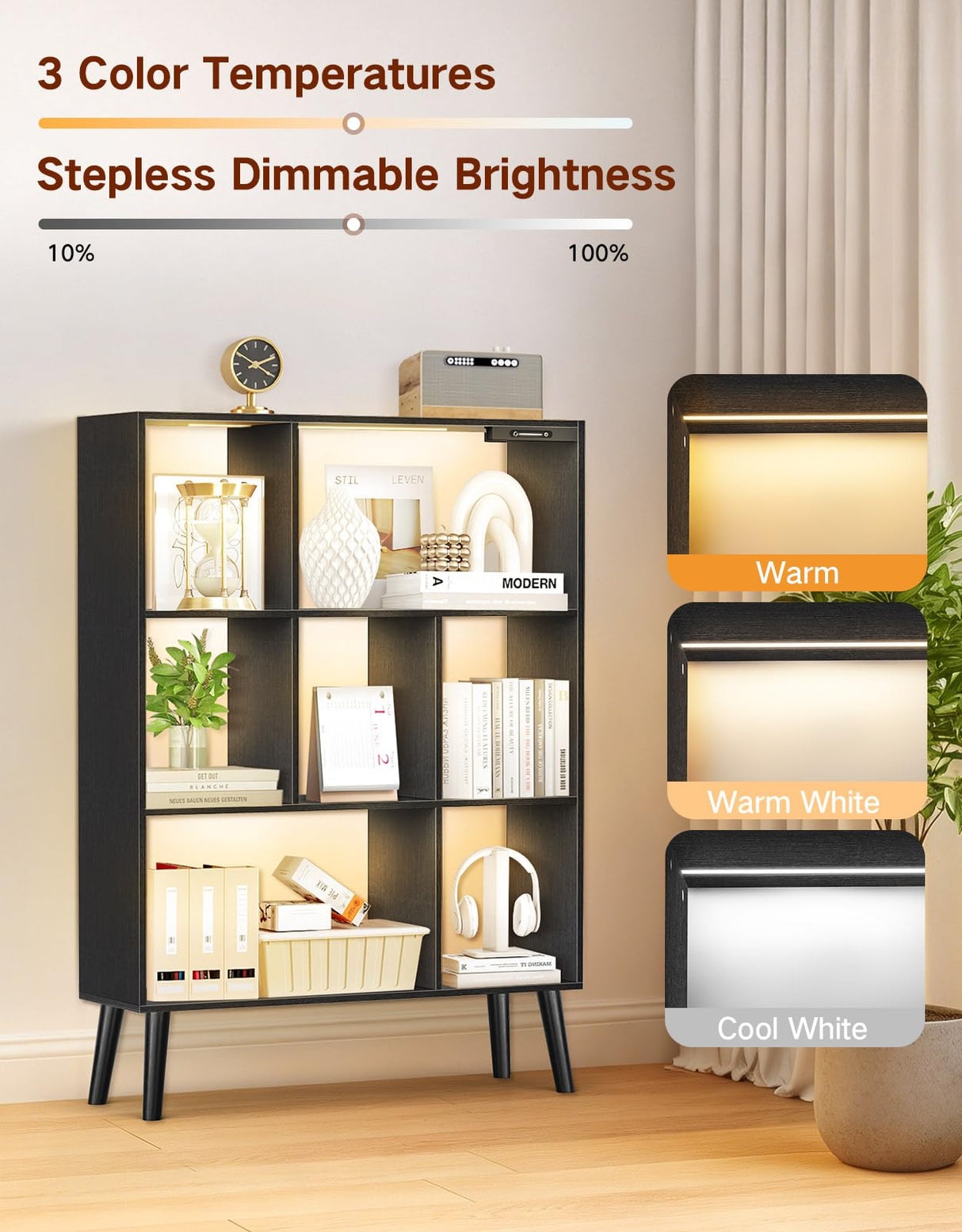 OUTONLIFE 7-Cube Bookshelf with LED Lights, Touch & Remote Control, Freestanding Open Bookcase Storage Shelf, Dimmable Modern Wooden Display Organizer with Legs for Living Room, Bedroom, Office(Black) OUTONLIFE