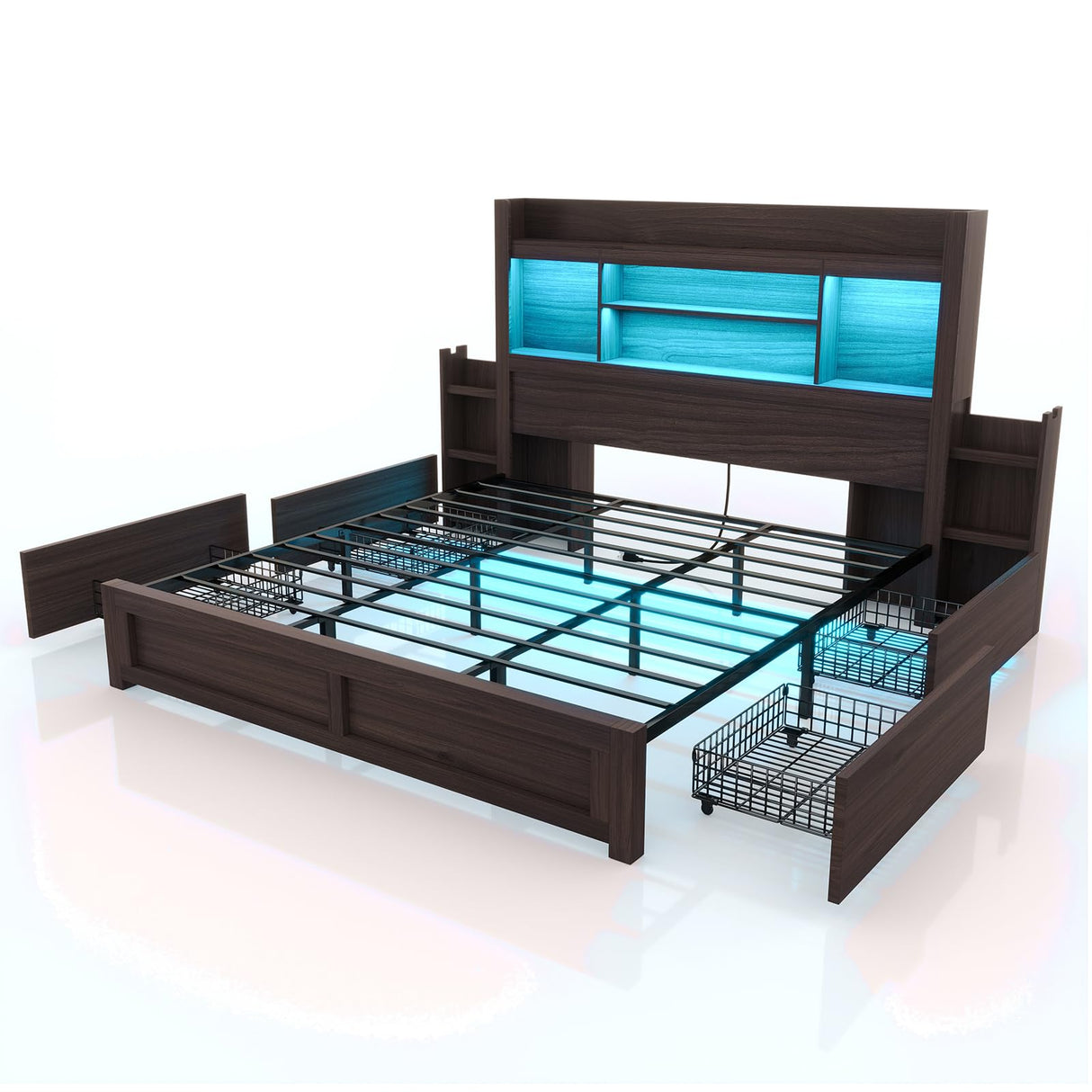 LUXOAK King Bed Frame with 49.6" Bookcase Headboard & 2 Bedside Stoage Racks & 4 Drawers, Farmhouse Wood Bed Frame with RGB LED & Charging Station, No Box Spring Needed, Black LUXOAK