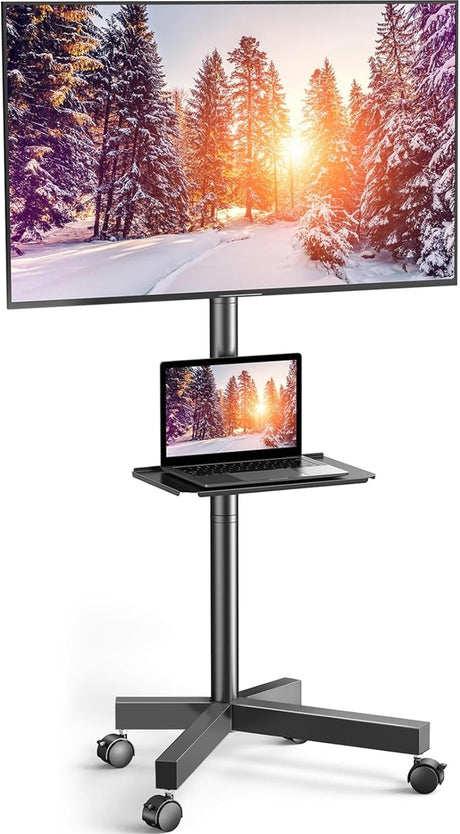 PERLESMITH Mobile TV Cart with Wheels for 23-60 Inch LCD LED OLED Flat Curved Screen Outdoor TVs Height Adjustable Shelf Floor Stand Holds up to 55lbs Monitor TV Holder with Tray Max VESA 400x400mm PERLESMITH