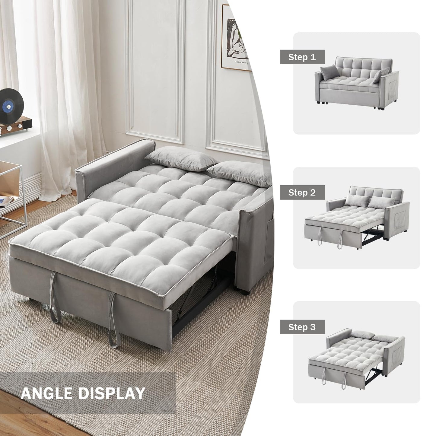 Eifizek 3-in-1 Convertible Sleeper Sofa Bed, Modern Pullout Couch Bed with Pull Out Bed, Adjustable Backrest, Futon Sofa for Living Room Furniture (Light Grey)