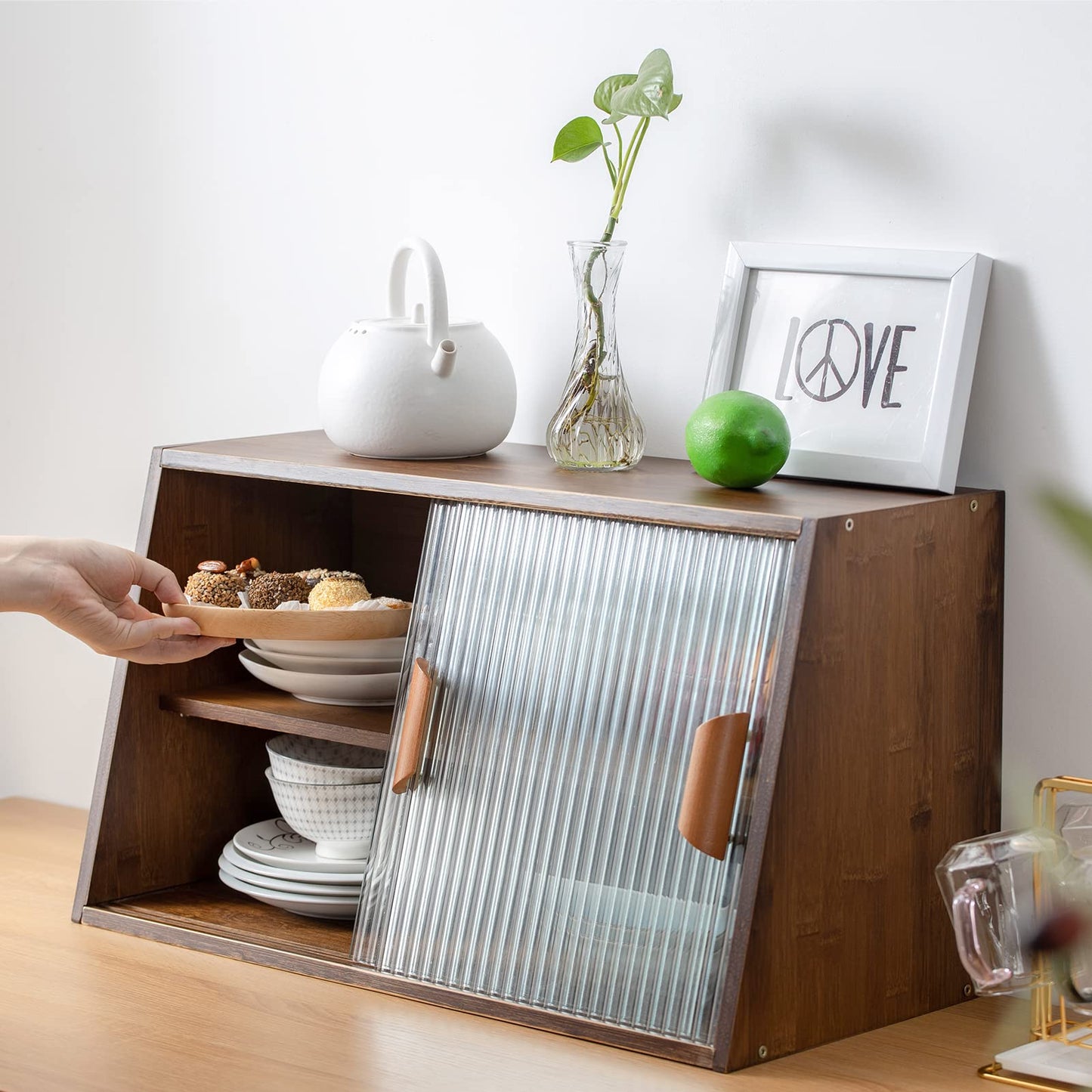 HollyHOME Small Bamboo Kitchen Pantry Sideboard with 2 Sliding Striped Glass Doors, Freestanding Countertop Storage Cabinet for Bottles, Dish, Bowl, Console Dining Cupboard, Walnut - WoodArtSupply