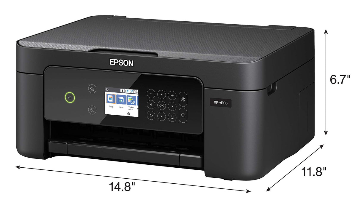 Epson Expression Home XP-4105 All-in-One Wireless Color Inkjet Printer, Black - Print Copy Scan - 2.4" Color LCD, 10.0 ppm, 5760 x 1440 dpi, Auto 2-Sided Printing, Voice Activated Epson