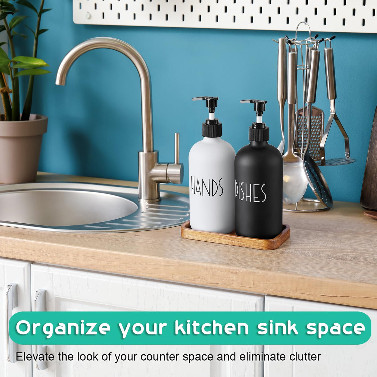 ALELION Glass Dish Soap Dispenser for Kitchen - 16 OZ Hand Soap Dispenser Set with Pump and Acacia Wood Tray - Black White Modern Farmhouse Kitchen Bathroom Decor and Accessories ALELION