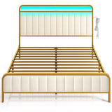 Rolanstar Queen Size Bed Frame with LED Light and Charging Station, Upholstered Headboard and Footboard, Metal Slat, Noise Free, Easy Assembly, Golden Rolanstar