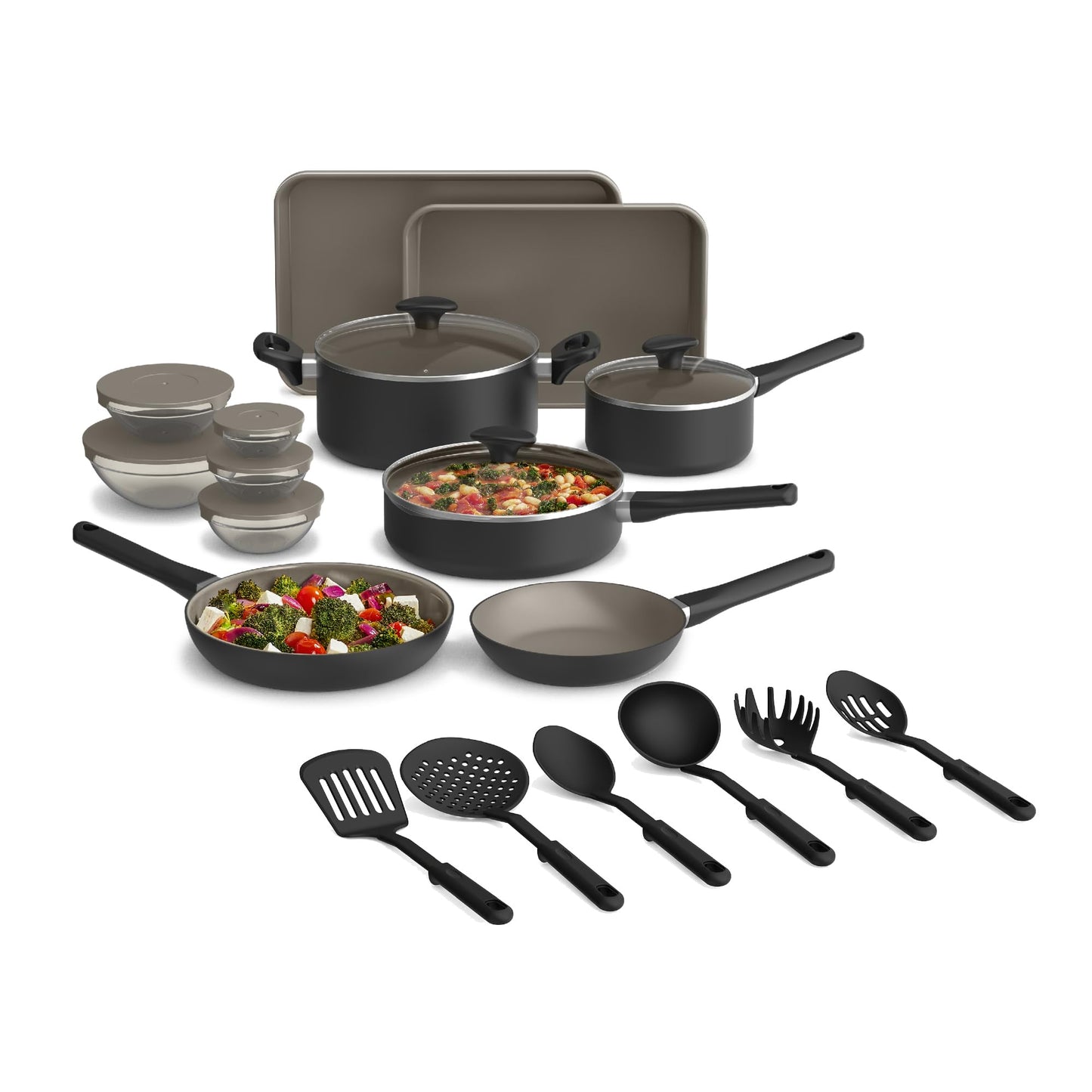 bella 21 Piece Kitchen Set with EverGood™ Ceramic Nonstick Coating, Dishwasher & Oven Safe, All Stovetops Compatible, Tempered Glass Lids & Cool Touch Handles, Black