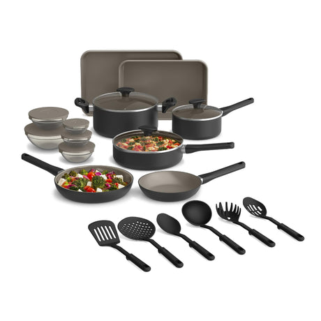 bella 21 Piece Kitchen Set with EverGood™ Ceramic Nonstick Coating, Dishwasher & Oven Safe, All Stovetops Compatible, Tempered Glass Lids & Cool Touch Handles, Black BELLA