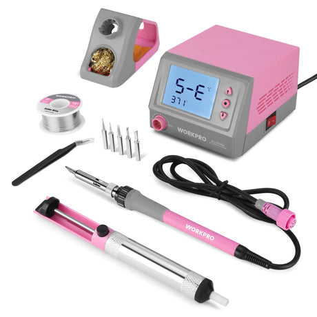 WORKPRO Soldering Station, 60W Soldering Iron Kit Digital Display, 5 Extra Iron Tips, Precision Temperature Control Solder Station for Electronic Repair, DIY Enthusiasts - Pink Ribbon WORKPRO
