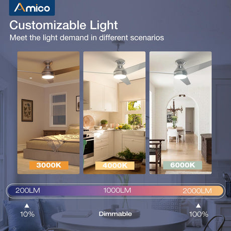 Amico Ceiling Fans with Lights, 52 inch Low Profile Ceiling fan with Light and Remote Control, Flush Mount, Reversible, 3CCT, Dimmable, Noiseless, Nickel Ceiling Fan for Bedroom, Indoor/Outdoor Use Amico