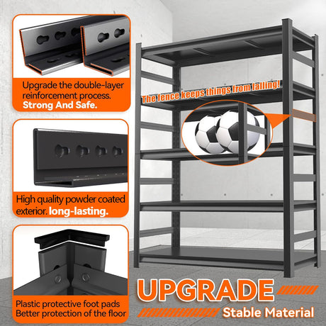 87" H Garage Shelving Unit and Storage, 48"W Heavy-Duty Adjustable Shelf Easy Assembly, 5-Tier Steel Shelves for Storage, Metal Garage Shelving for Industrial, Warehouse, Basement, Pantry, Black PRESTELION
