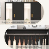 jiteentarou 2 Door Wardrobe Closet with Mirrors and LED Lights, Small Bedroom Armoire with Drawers, Modern Wooden Armoire Wardrobe Closet with Hanging Rod for Bedroom, Black jiteentarou