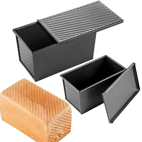 2 Packs Pullman Loaf Pan with Lid, 1 lb Dough 0.5 lb Dough Capacity, Carbon Steel Corrugated, Nonstick Sandwich Bread Loaf Pan with Lid Cayanmydery