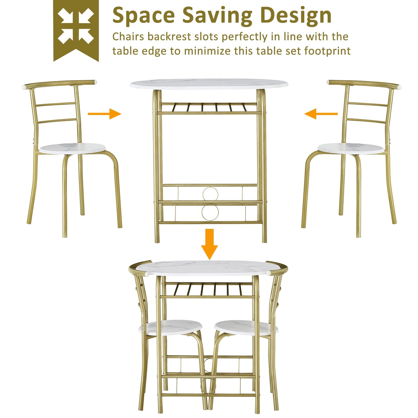 VECELO White & Gold 3-Piece Dining Table Set with Wine Rack for Small Spaces