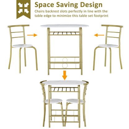 VECELO White & Gold 3-Piece Dining Table Set with Wine Rack for Small Spaces