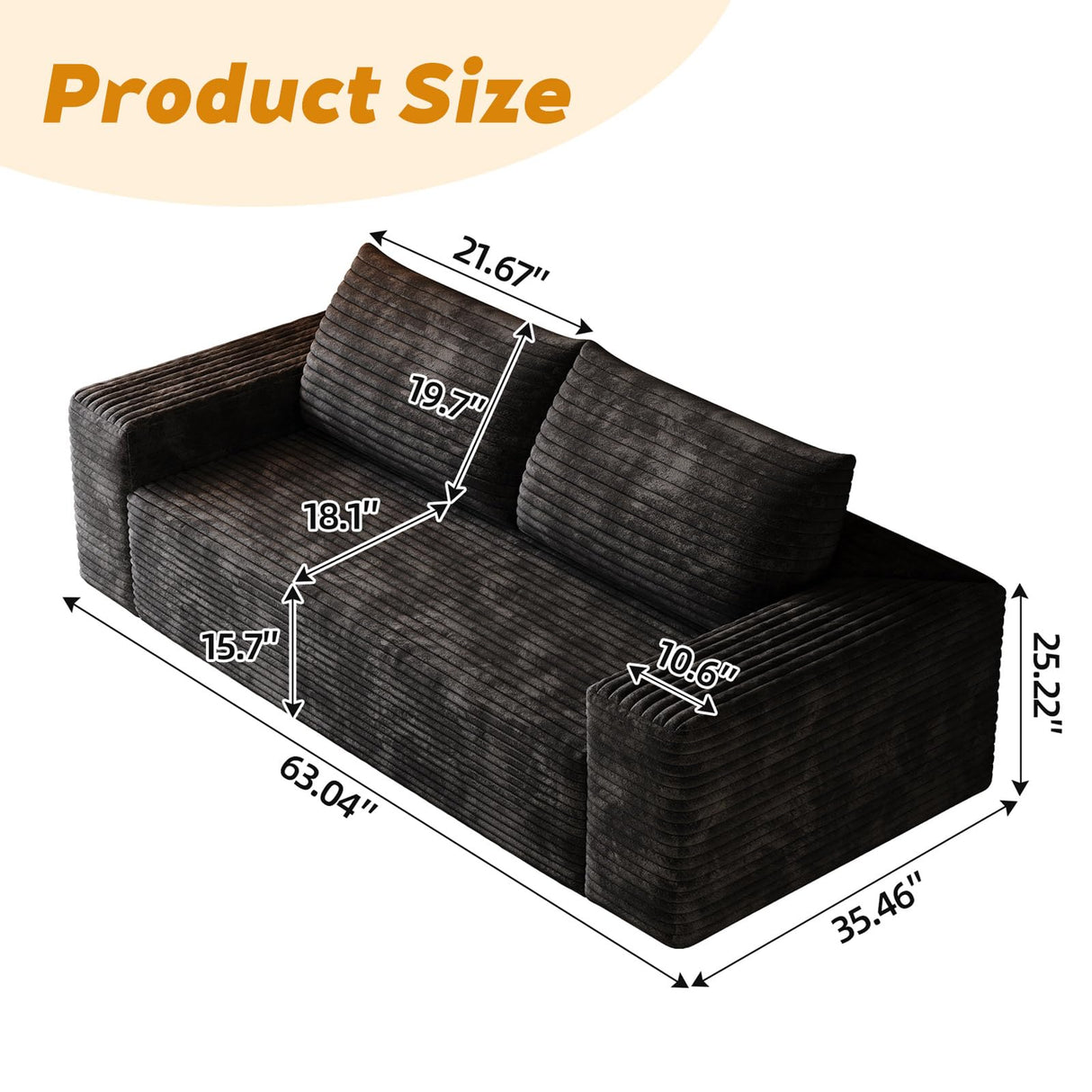 Ningering 63" Sofa in a Box Compressed, Boneless Couch with Wide Armrests & 2 Cushions, Cloud loveseat Sofa for Living Room, Memory Foam, Deep Seat, Corduroy Fabric, No Assembly (Black, 2) Ningering