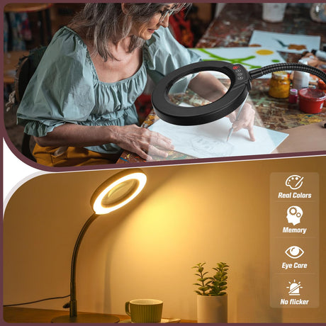 Krstlv 10X Magnifying Glass with Light and Stand, 5 Color Modes Stepless Dimmable LED Lighted Desk Lamp, Hands Free Flexible Gooseneck Magnifier with Light for Craft Hobby Painting Sewing Close Work Krstlv