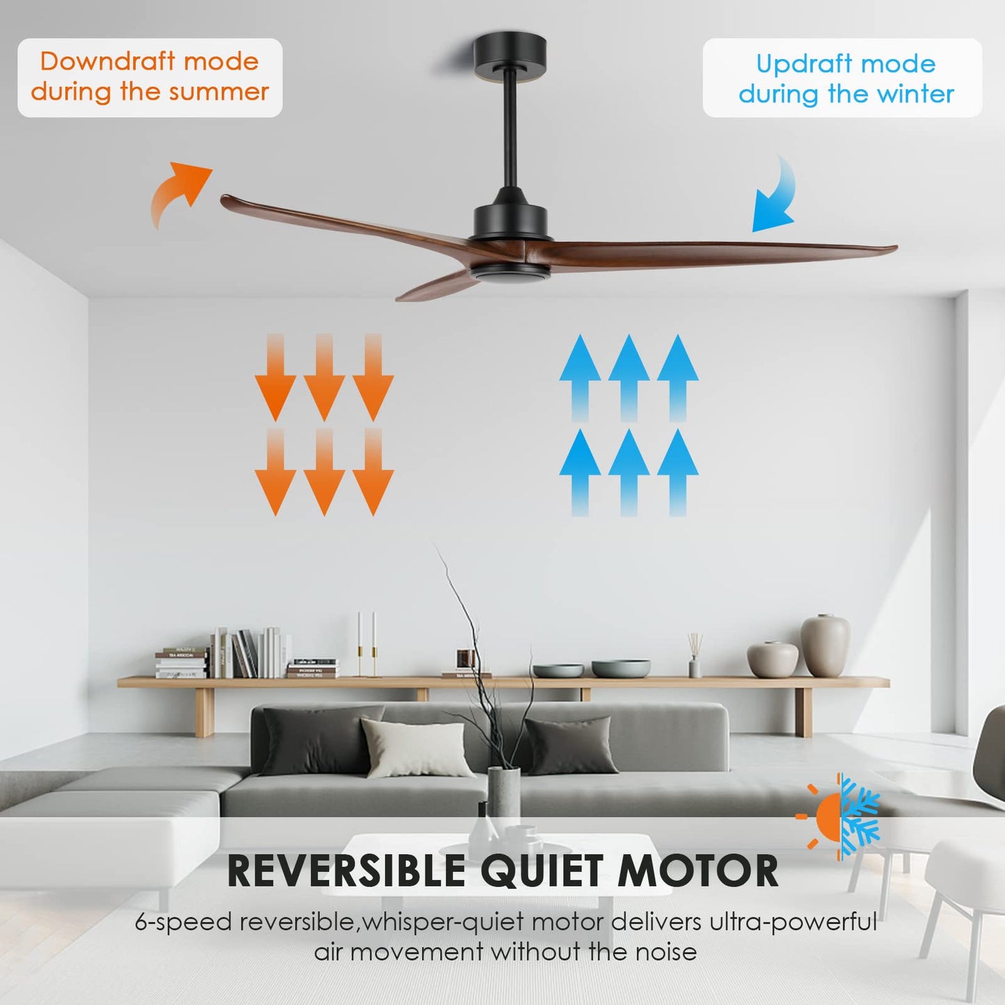 WINGBO 60 Inch DC Ceiling Fan without Lights, 3 Reversible Carved Solid Wood Blades, 6-Speed Noiseless DC Motor, Ceiling Fan No Light with Remote, Matte Black Finish with Walnut Blades