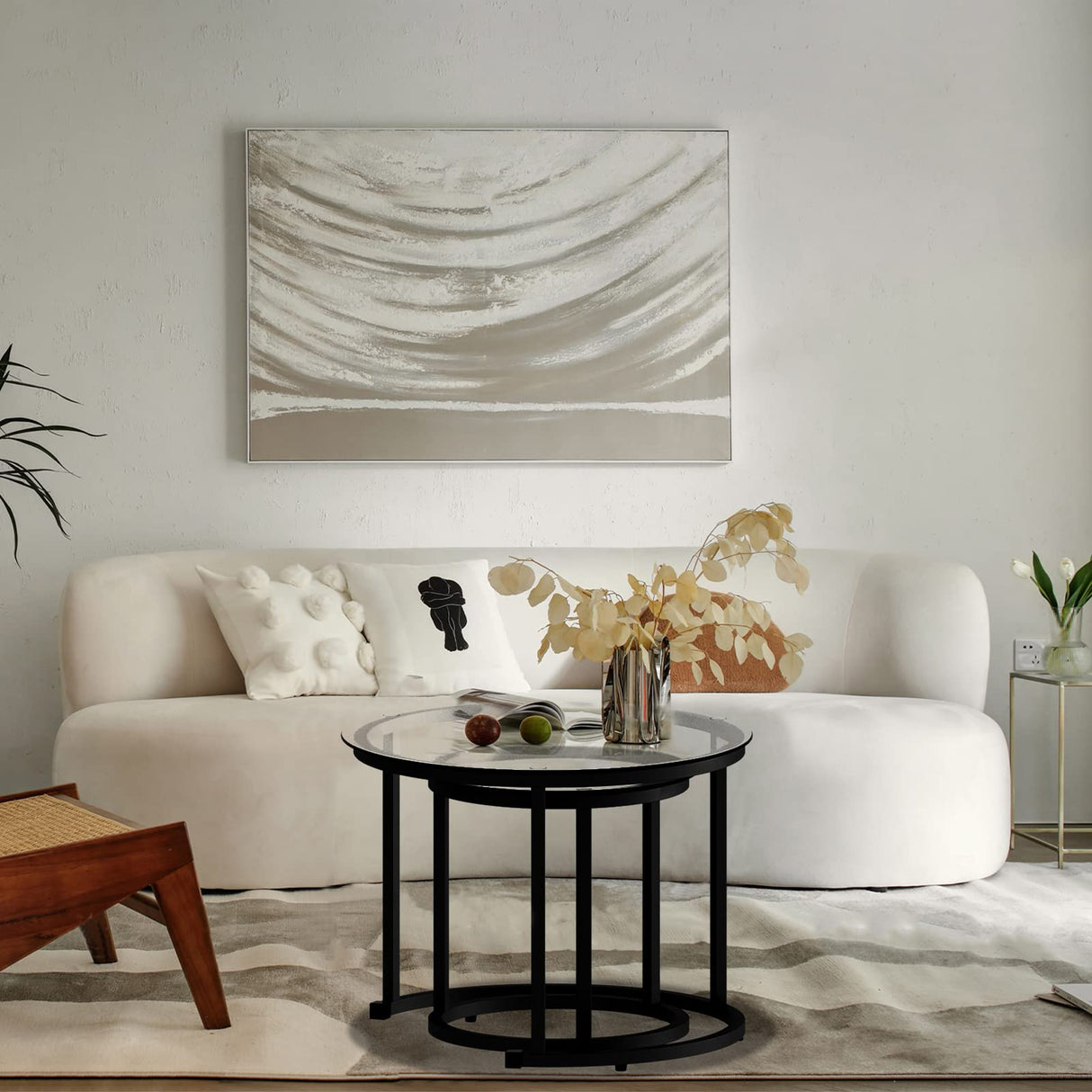 aboxoo Black Nesting Coffee Glass Table Set of 2, Metal Freme Side End Tables for Living Room Bedroom for Apartment Small Place Modern Industrial Simple, 23.6D x 23.6W x 17.7H in aboxoo