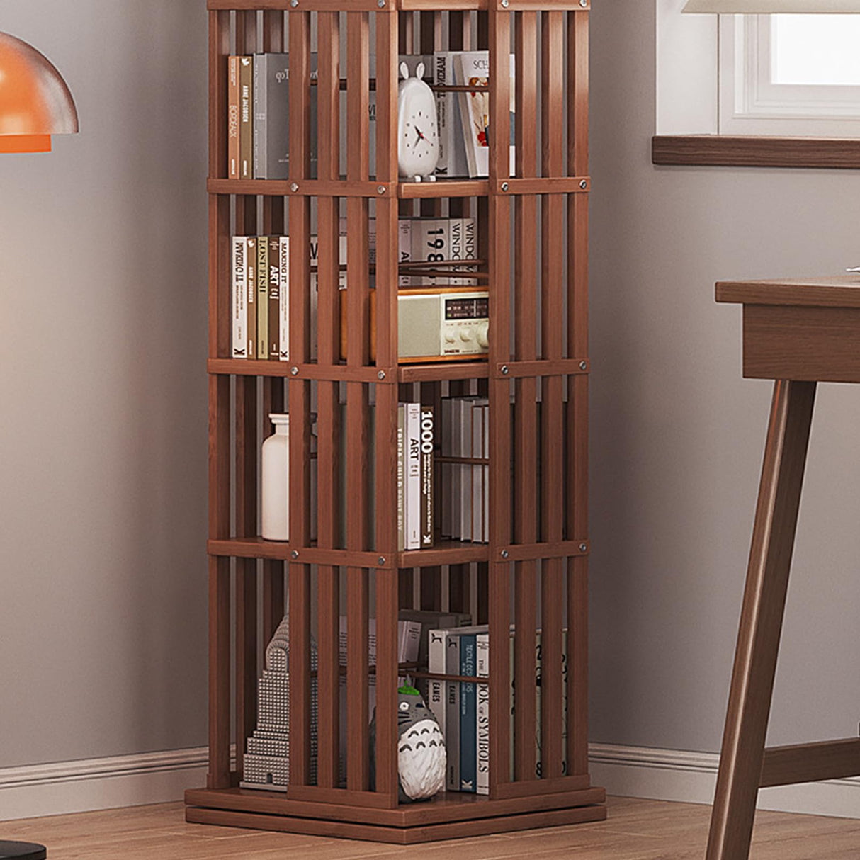 SUZEPER 360° Rotating Bamboo Bookshelf Tower – 5 Tier Floor Standing Storage Rack in Tan SUZEPER