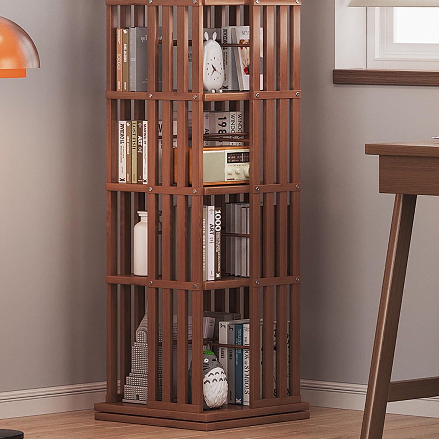 SUZEPER 360° Rotating Bamboo Bookshelf Tower – 5 Tier Floor Standing Storage Rack in Tan - WoodArtSupply