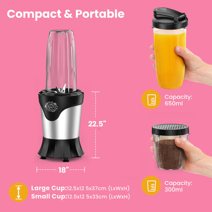 Suavo Smoothie Blender 1100W Portable Personal Blender for Shakes and Smoothies with 2 * 22Oz To-Go Cups & Lids, Includes Portable Coffee Grinder and 10Oz BPA-Free Travel Cup Countertop Mixer Blender