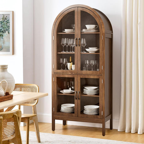70.9'' Tall Arched Kitchen Pantry, Modern Farmhouse Wood Kitchen Pantry Storage Cabinets with Acrylic Glass Doors and Shelves, Versatile Cupboard for Dining Room, Bathroom, Living Room (Walnut) Limaoaio