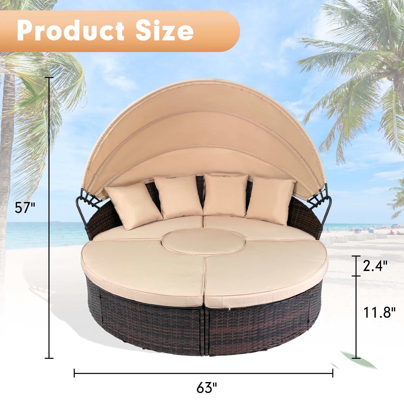 SUNCROWN Outdoor Patio Round Daybed with Retractable Canopy, Brown Wicker Furniture Sectional Couch with Washable Cushions, Backyard, Porch - WoodArtSupply