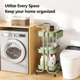 3 Tier Rolling Cart with Metal Handle, Table Top, Hanging Cups, Hooks, Plastic Storage Baskets& Wheels Lockable, Utility Cart for Bathroom Classroom Office Kitchen Pantry Organizers and Storage, Green NRSUEN