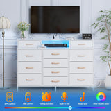 Furnulem White Dresser for Bedroom with LED Lights & Charging Station,55" Long Dressers & Chest of Drawers with 12 Storage Bins, Fabric Furniture for Closet,Hallway,2-Tier Shelf Wood Top,Metal Frame Furnulem