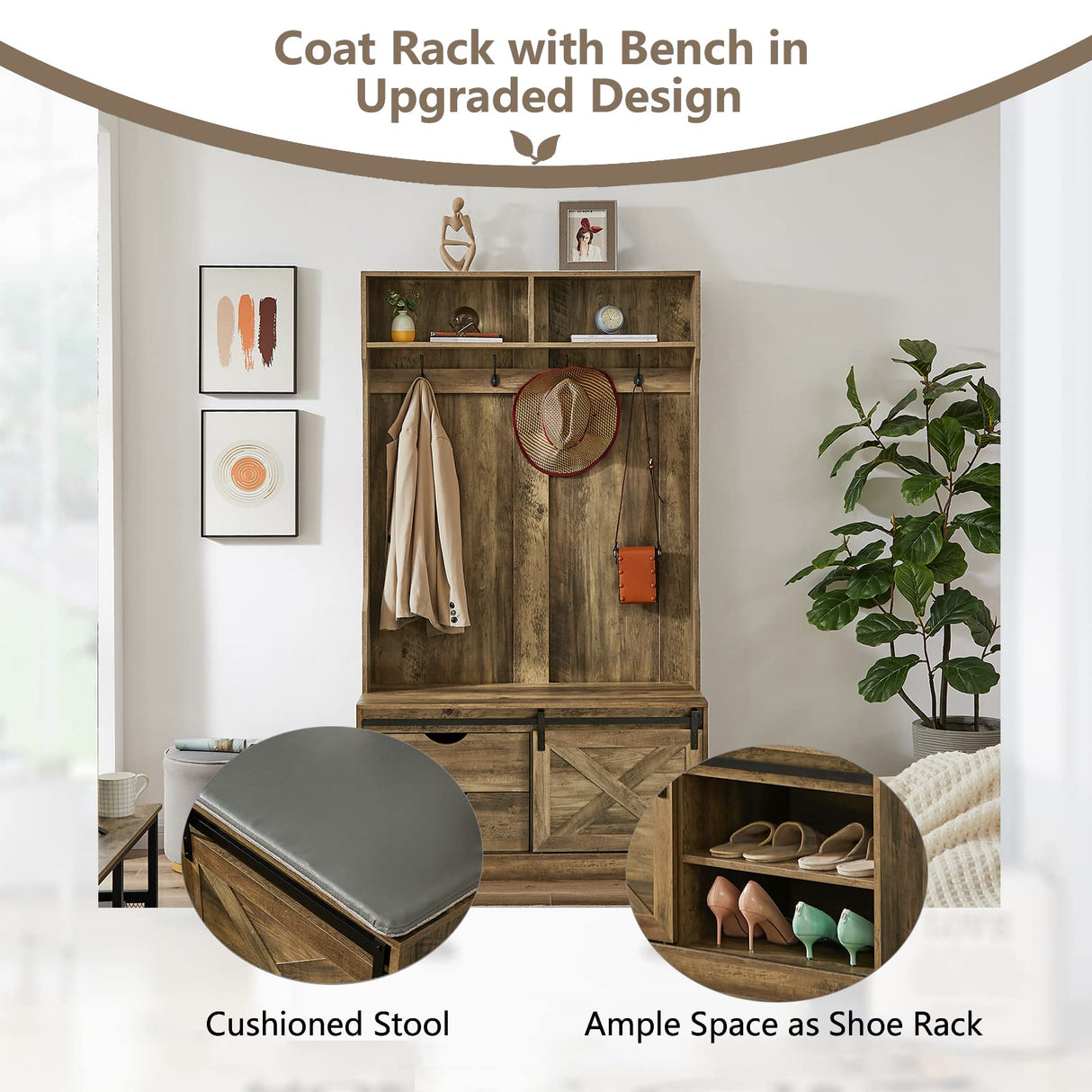 Betoko 71 Inch Entryway Bench with Sliding Barn Door, Farmhouse Hall Tree with Coat Rack and Storage Bench, Wood Coat Tree with Cushioned Stool and Hooks for Hallway, Living Room, Mudroom (Oak) Betoko