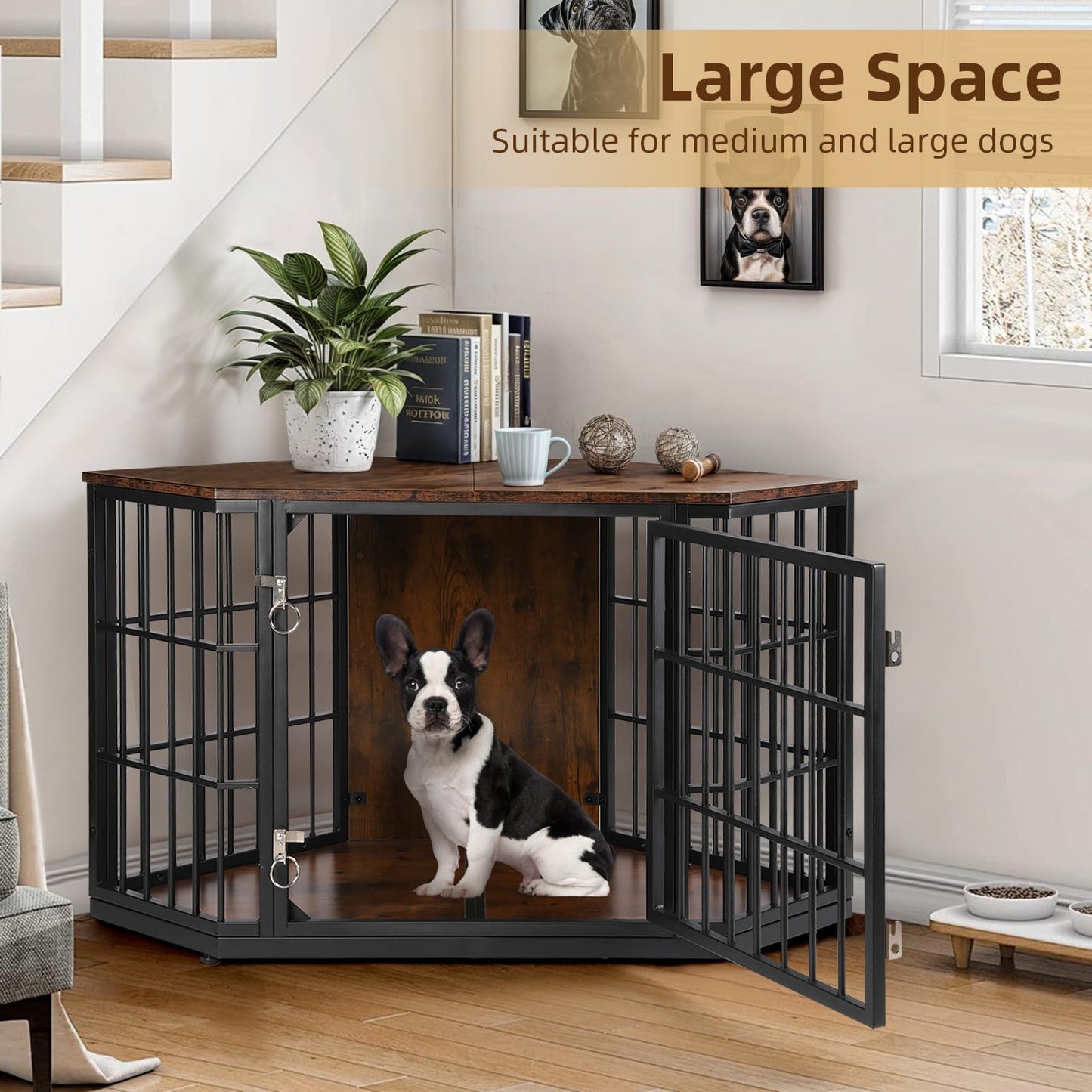 VOWNER 47 Inch Dog Crate Furniture Corner, Wooden Dog Kennel Furniture, End Table Dog Crate for Medium Dogs, Indoor Pet Crates Corner Side Table for Dogs, Wide Top Perfect for Limited Room, Brown