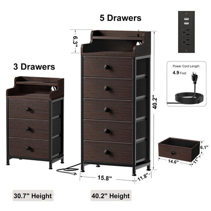 REAHOME 5 Drawer Dresser for Bedroom with Charging Station and LED Lights, Brown Chest of Drawers with Shelves, Tall Night Stand with Sturdy Steel Frame & Wood Top for Bedroom - Dark Brown - WoodArtSupply