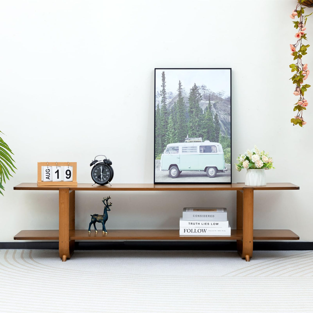 HollyHOME Bamboo TV Stand with Storage for TVs up to 65'', Modern Entertainment Center with 2 Open Shelf, Accent TV Media Console Table for Living Room, Bedroom, 55"(L), Walnut HollyHOME