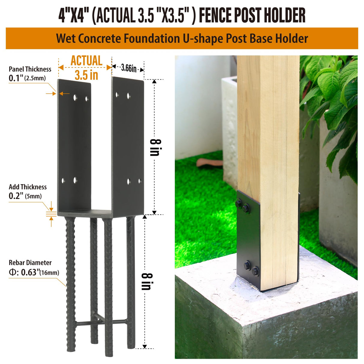 Wocepu 1 Pack Heavy Duty Stainless Steels U-Shape 4"x4"(Actual 3.5"x3.5") Wet Concrete Fence Post Holder, Psot Base, for Fence, Deck Railing, Pergola Wood Post Bracket Anchor (Dark Grey) WOCEPU