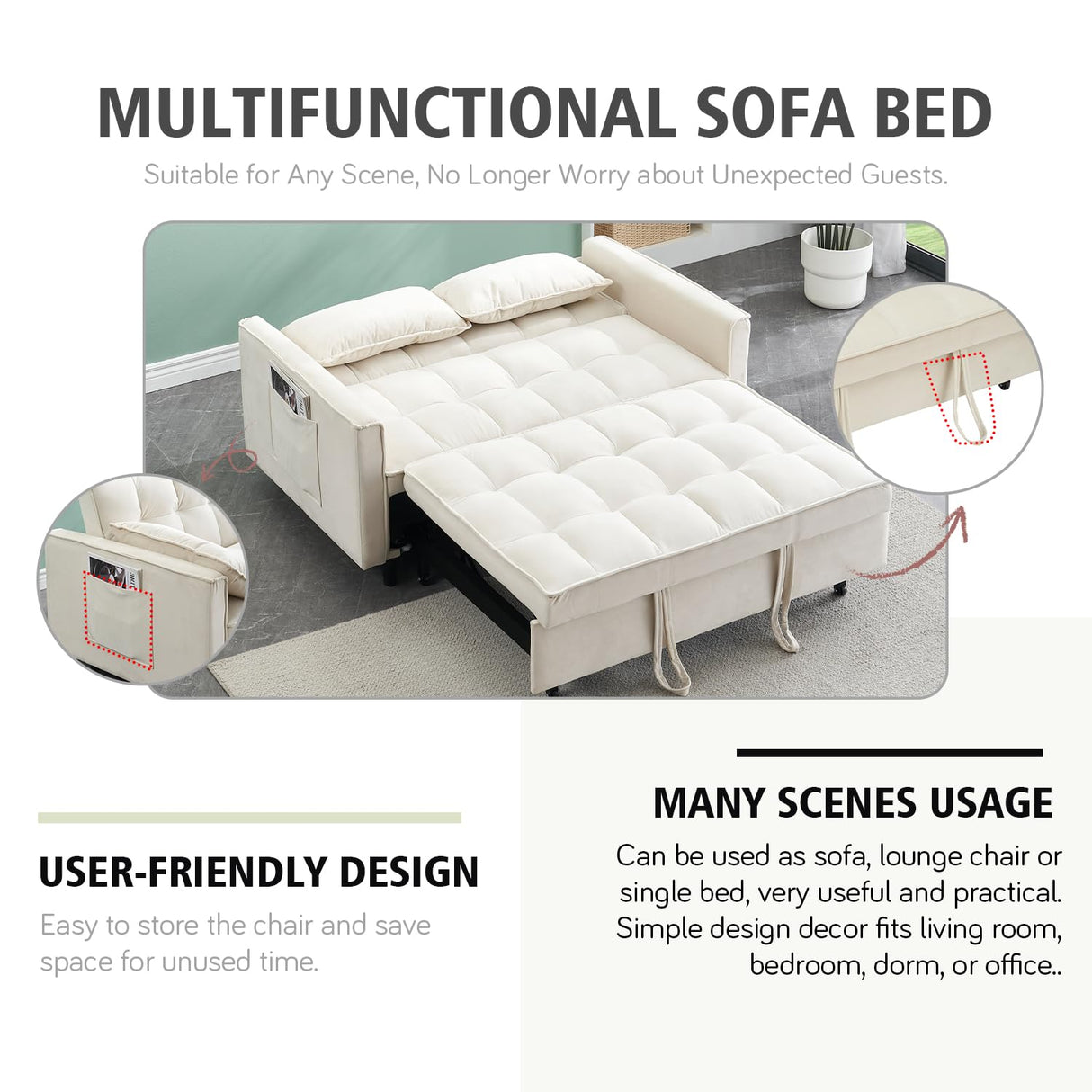 3 In 1 Velvet Convertible Sofa Bed, Pull Out Couch Bed with Reclining Backrest And 2 Pillows, 54" Full Size Loveseat Sleeper Sofa Futon Couch Bed, Couches For Small Spaces, Living Room (White) anwickjeff