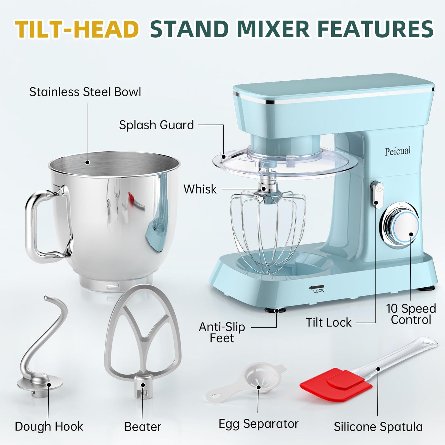 Peicual Stand Mixer, 6QT 10+P Speed Tilt-Head Kitchen Electric Mixer, Food Mixer with Stainless Steel Bowl, Dough Hook, Flat Beater, Wire Whisk, Splash Guard-Blue