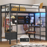 DICTAC Loft Bed Twin Size with Desk and Charging Station Metal Loft Bed with Led Lights,Storage Shelves and Drawers Twin Bed Frame with Clothes Rail,Safety Guard & Ladder,No Box Spring Needed,Black DICTAC