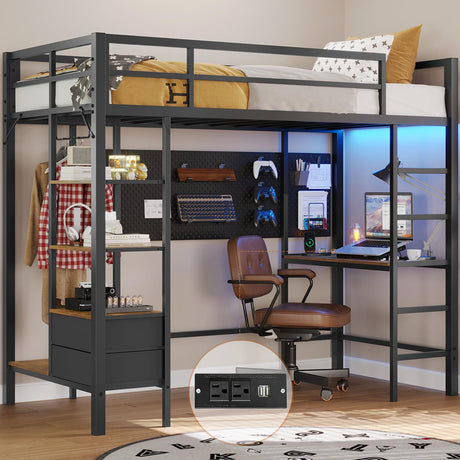 DICTAC Loft Bed Twin Size with Desk and Charging Station Metal Loft Bed with Led Lights,Storage Shelves and Drawers Twin Bed Frame with Clothes Rail,Safety Guard & Ladder,No Box Spring Needed,Black DICTAC
