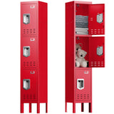 Locker Metal Storage Cabinet, Steel Office Storage Lockable Lockers for Employees Kids School Gym Home Garage Locker with Mirror & Hooks (3 Doors, Red) KAER