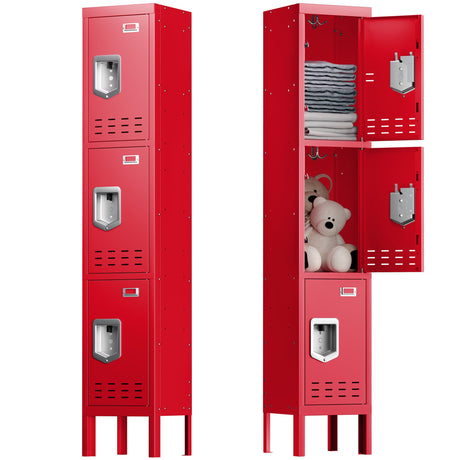 Locker Metal Storage Cabinet, Steel Office Storage Lockable Lockers for Employees Kids School Gym Home Garage Locker with Mirror & Hooks (3 Doors, Red) KAER